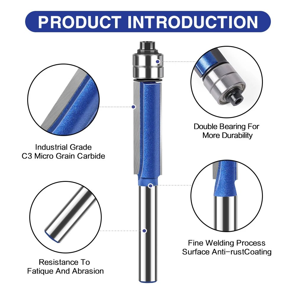 🪵 4-Piece Flush Trim Router Bits – Dual Bearings, 1/4' Shank