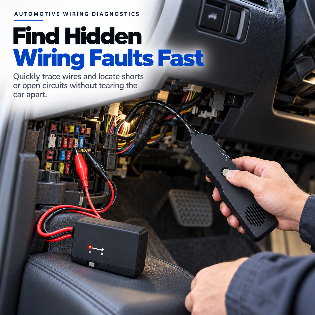 Automotive technician using a wire tracing receiver and signal transmitter to investigate electrical wiring below a vehicle dashboard