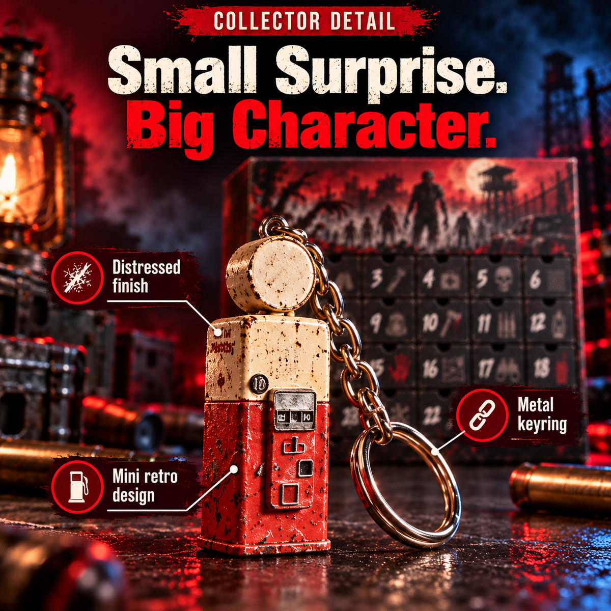 Close up of distressed retro pump inspired horror collectible with metal keyring