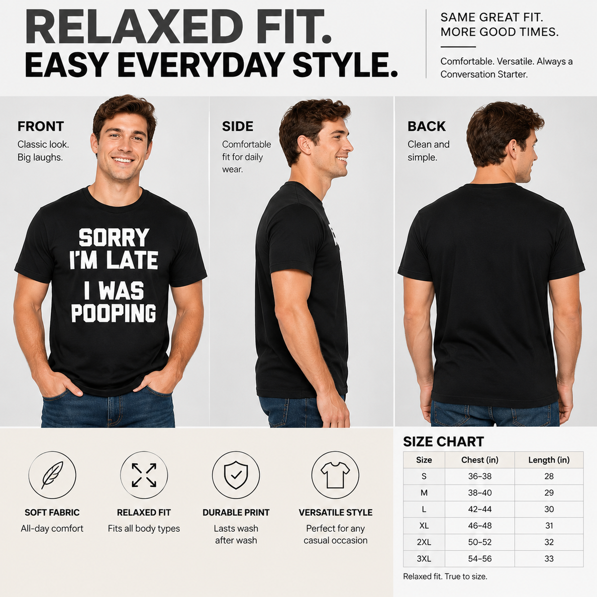 Men's Funny Pooping Graphic Tee - Sarcastic 'Sorry I'm Late' Digital Print, 100% Cotton Casual Short-Sleeve Round Neck Lightweight Loose-Fit Streetwear, Humorous Gift for Him,sohochic
