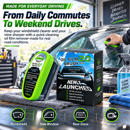 Car Windshield Oil Film Remover, Glass Cleaning Brush with Built-In Cleaner, Streak-Free Auto Glass Cleaner for Windshield, Windows & Mirrors, Easy Visibility Restorer