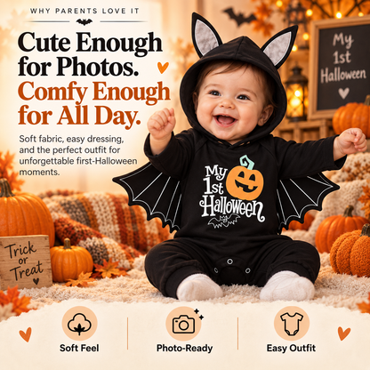 🦇 Little Boo™ My First Halloween Bat Romper – Adorable Hooded Baby Costume with Wings