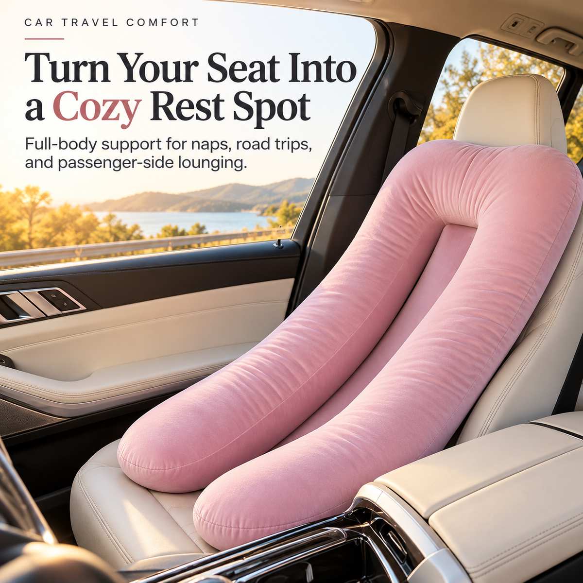 Pink full-body car seat pillow arranged on a passenger seat in a bright modern car