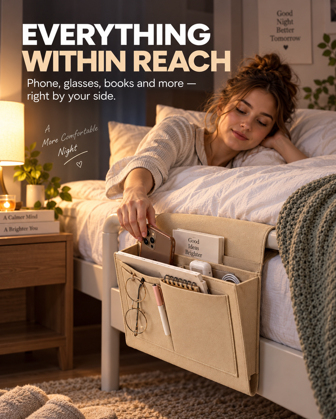 BedEase™ Hanging Bedside Organizer – Multi-Pocket Bed Caddy for Phone, Books & Nighttime Essentials