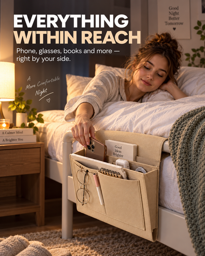 BedEase™ Hanging Bedside Organizer – Multi-Pocket Bed Caddy for Phone, Books & Nighttime Essentials