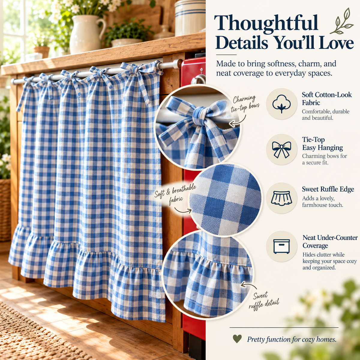 2026 Farmhouse-Style Stove Curtain, Gingham Grid Ruffle-Edge Tier Curtains, Rural Short Window Valance, Home Kitchen Dust Cover, Plaid Floral Window Treatments, Aesthetic House Decor, Unique Room Decor