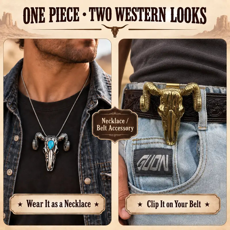 Western Skull Pendant Necklace & Belt Clip, Ram Horn and Deer Designs, Silver & Gold Tone with Turquoise-Style Accent, Cowboy Statement Jewelry Gift