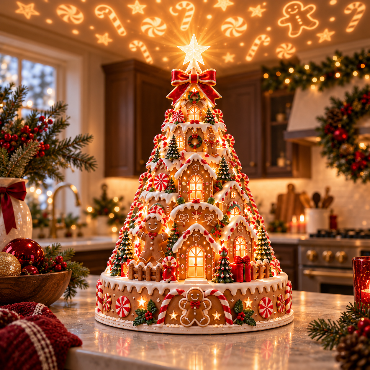 Gingerbread Village lightscape tree with glowing candy-style houses red-and-white peppermint accents and festive projection