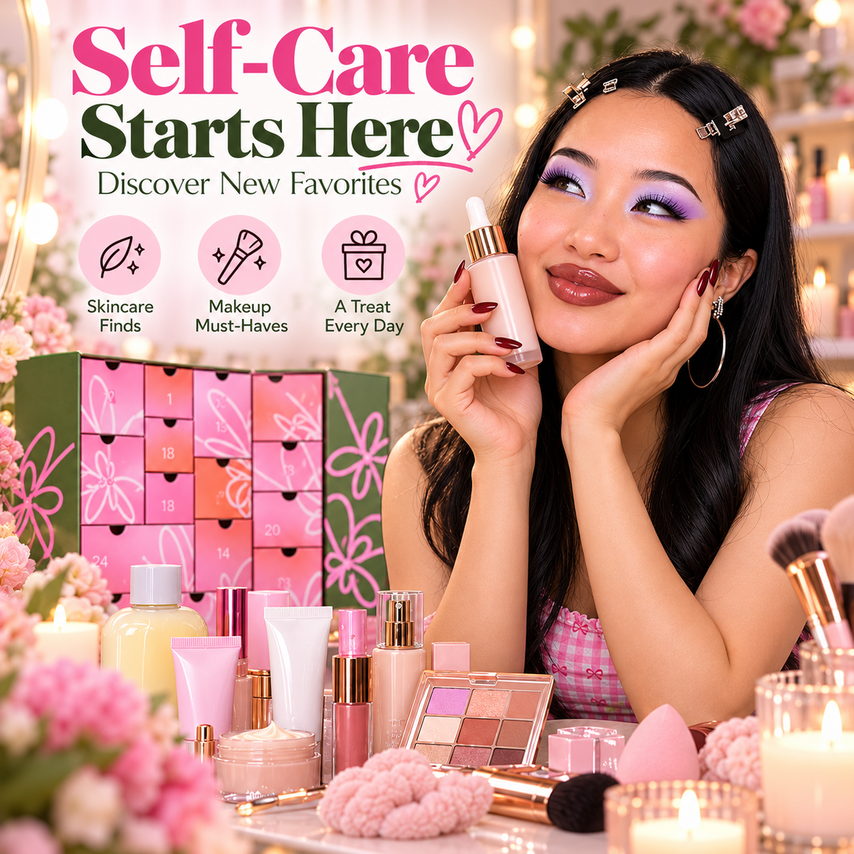 Woman enjoying a festive self-care beauty moment beside an opened pink advent calendar with cosmetics and skincare products on a flower-filled vanity