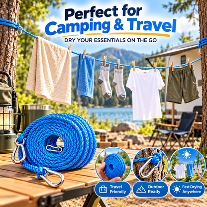 👕 DryGo™ Portable Clothesline – Lightweight Travel Laundry Rope with Strong Metal Hooks