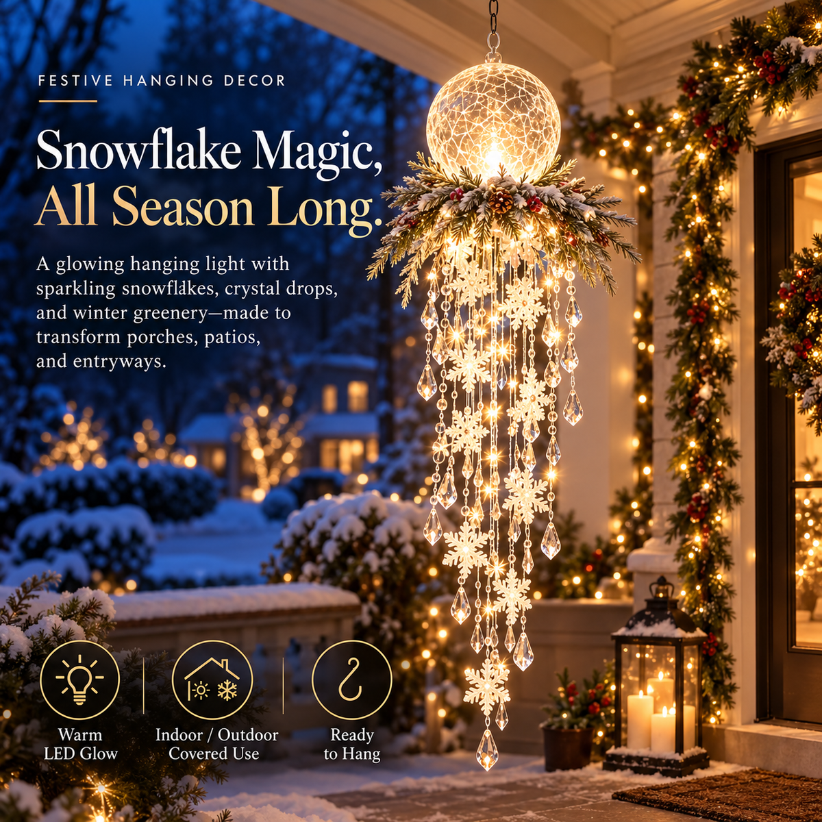 SnowGlow illuminated snowflake hanging decoration glowing on a Christmas porch