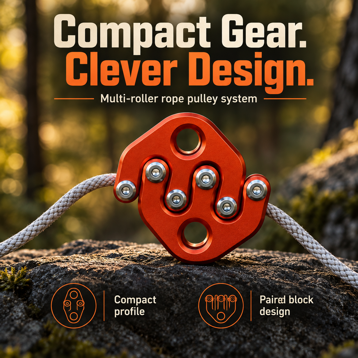 Orange-red compact multi-roller rope pulley displayed with a rope against a natural outdoor background