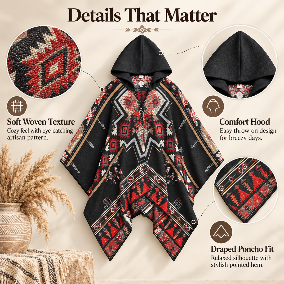Hooded Boho Poncho Cape, Ethnic Geometric Print Oversized Shawl Wrap, Soft Relaxed Fit Cloak for Fall Winter, Casual Outdoor & Festival Wear