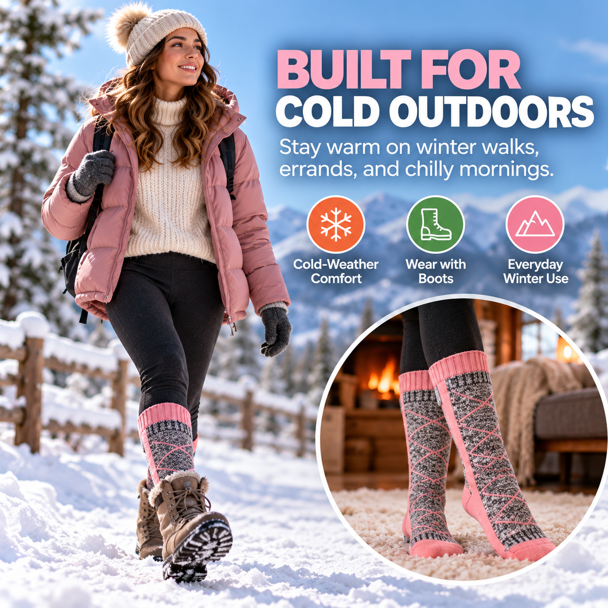 ThermoWarm heated socks worn with winter boots outdoors