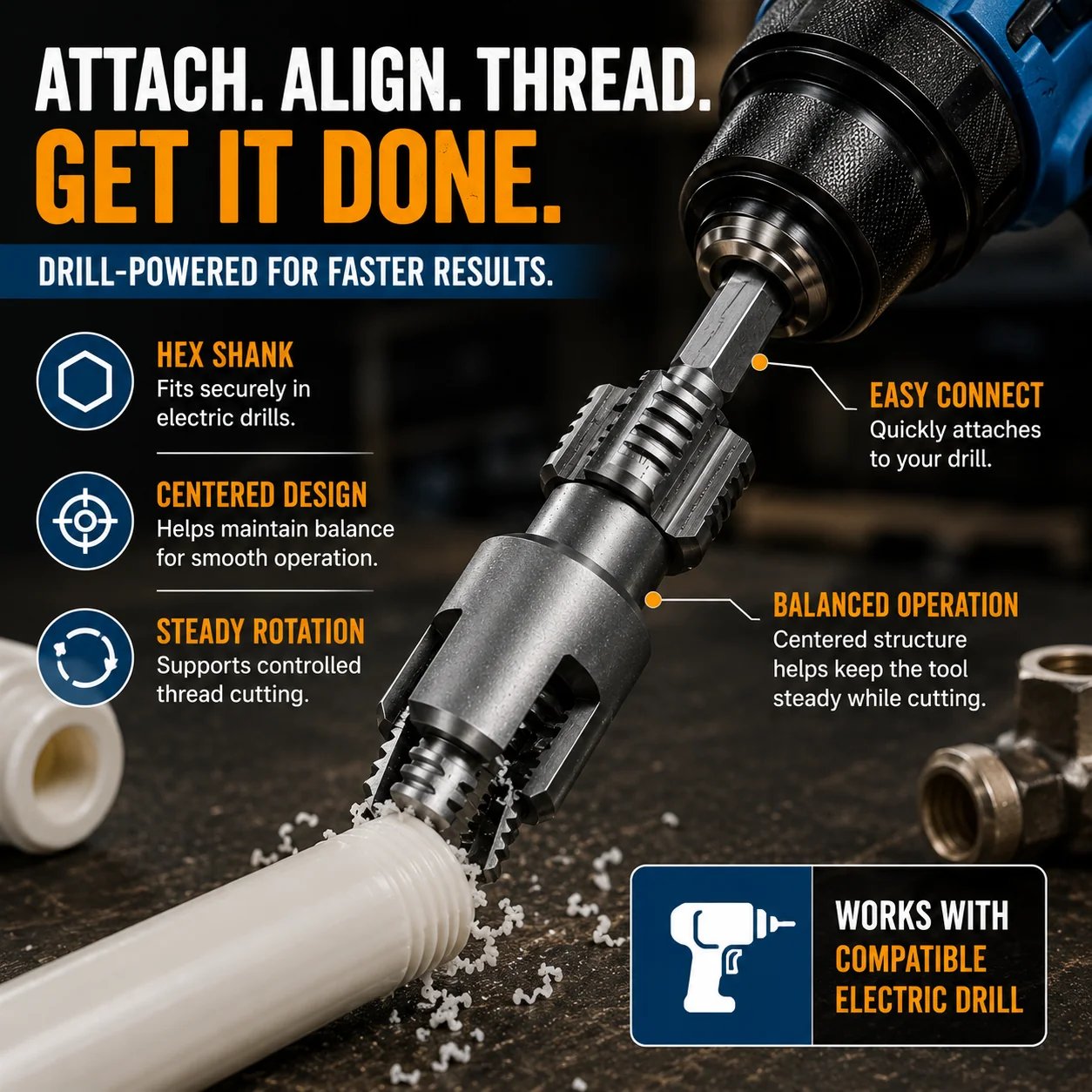🔥HOT SALE🔥📍Drill-Powered Pipe Thread Cutting Bit — Internal & External Threading for 1/2' & 3/4' Plastic Pipes