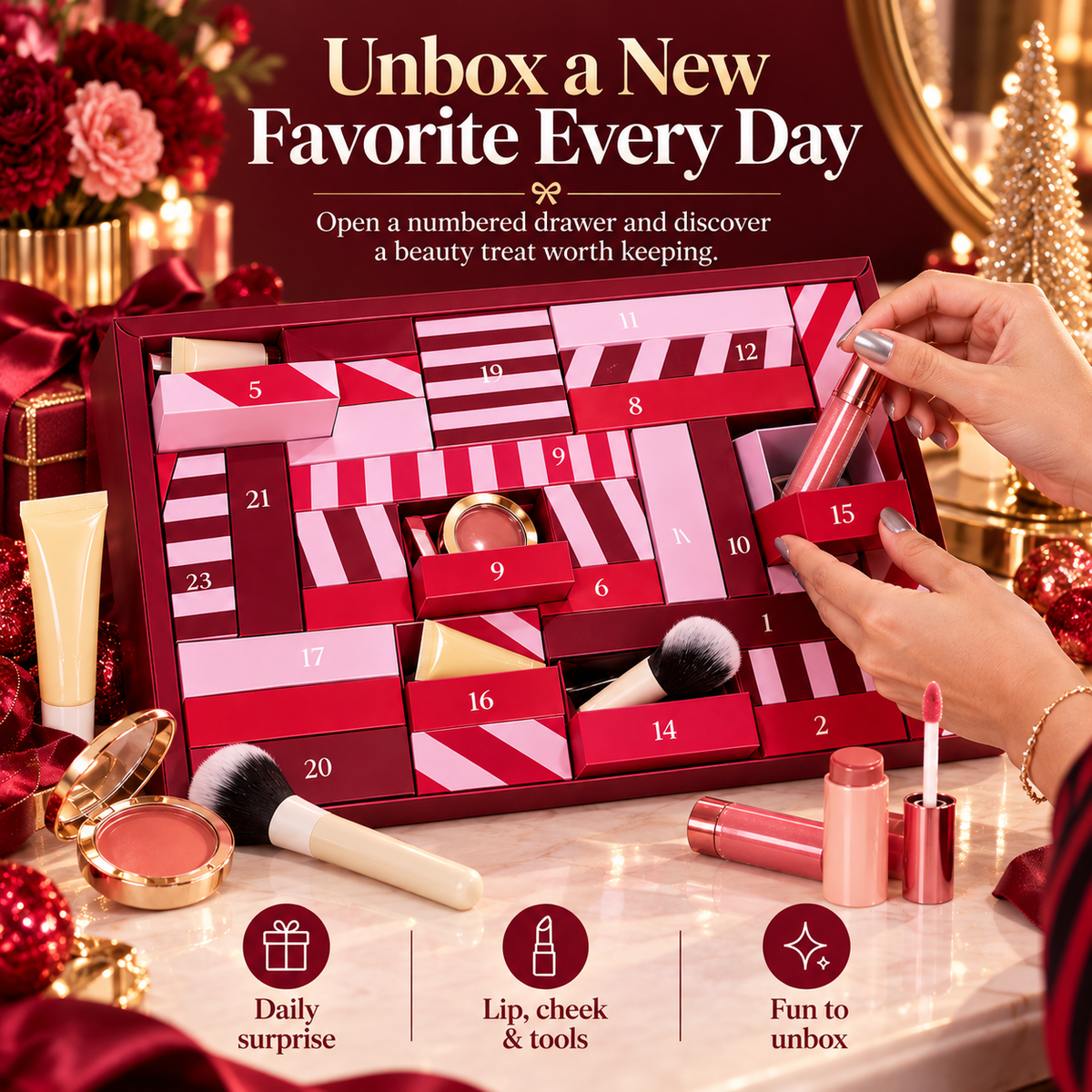 24-Day Beauty Advent Calendar for Women, Christmas Makeup Countdown Gift Box with Daily Beauty Surprises, Cosmetics, Brushes & Glow Essentials for Girls, Teens & Makeup Lovers