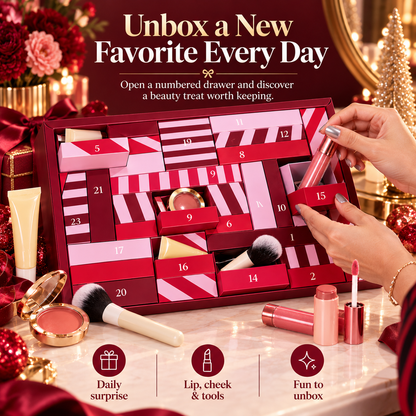 24-Day Beauty Advent Calendar for Women, Christmas Makeup Countdown Gift Box with Daily Beauty Surprises, Cosmetics, Brushes & Glow Essentials for Girls, Teens & Makeup Lovers