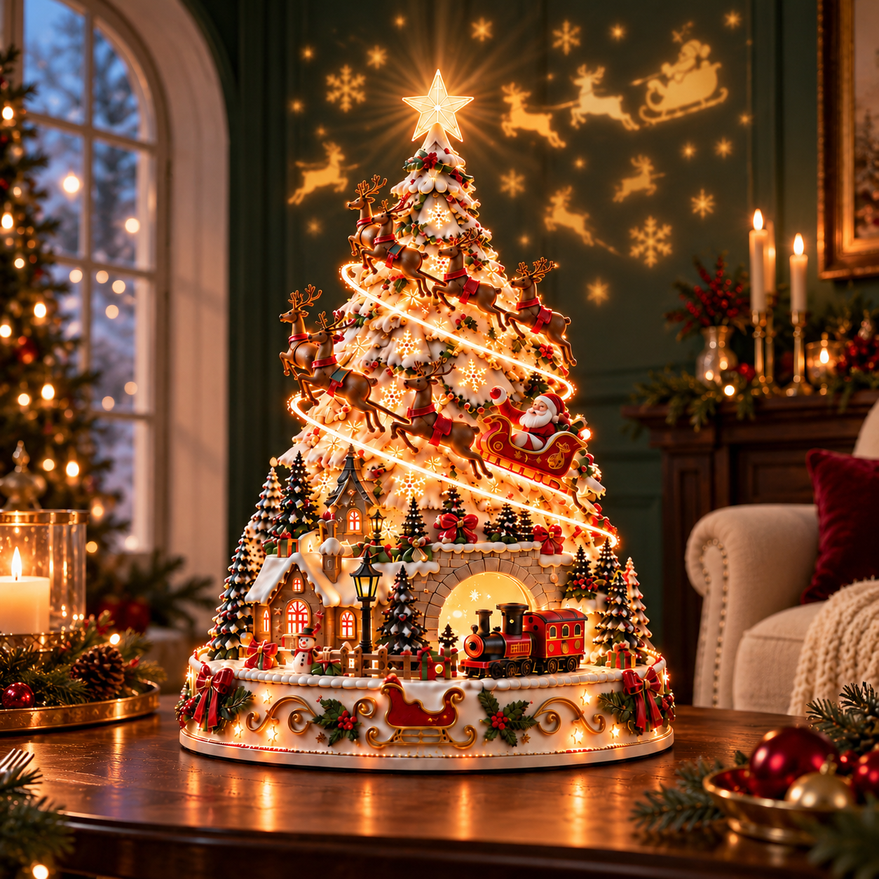 Santa Express Christmas Lightscape Tree with Santa sleigh flying reindeer red train and warm festive projection