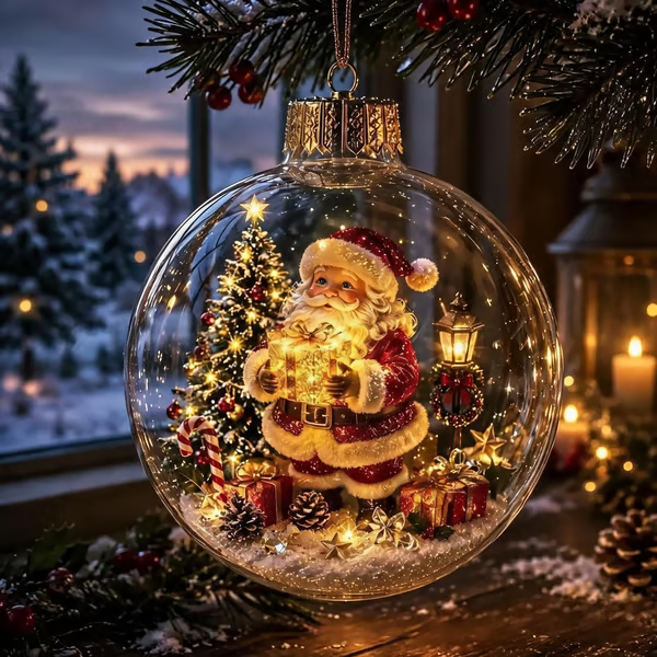 Glowing Santa Christmas diorama ornament hanging from a decorated tree