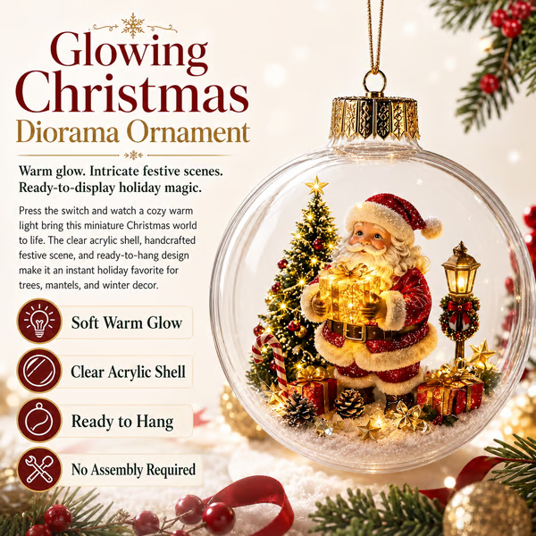 Close view of illuminated Christmas diorama ornament with miniature Santa scene