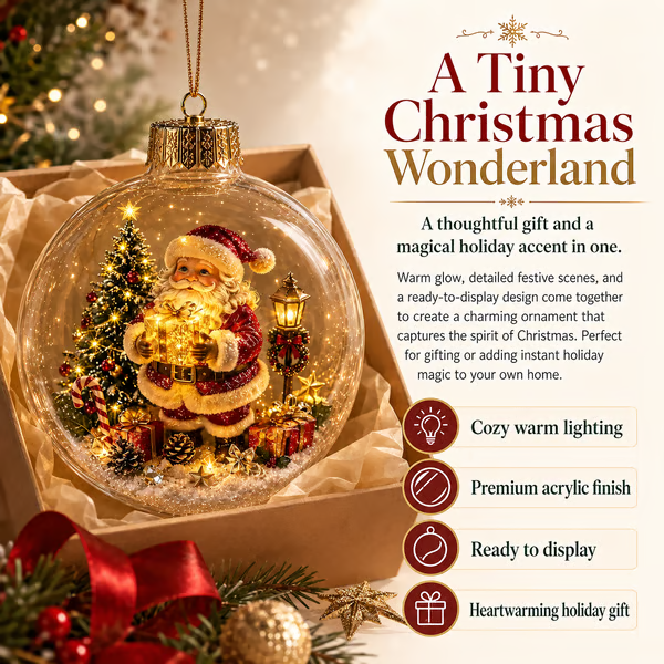 Glowing Christmas diorama ornament presented as a holiday gift