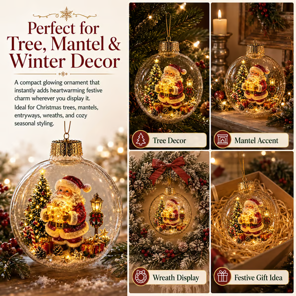 Glowing Christmas ornament displayed on tree mantel wreath and gift setting
