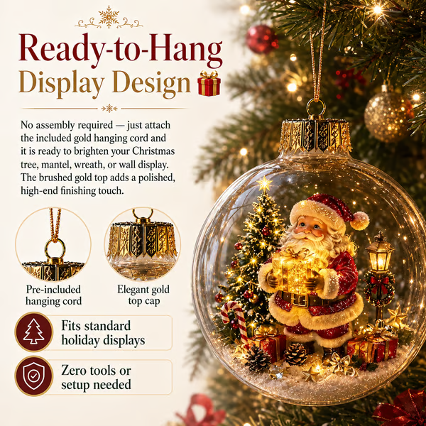 Ready-to-hang glowing Christmas ornament with hanging cord and decorative gold top