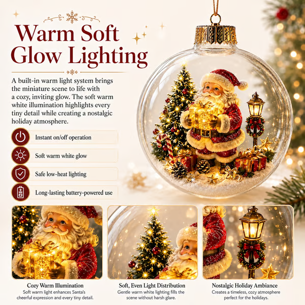 Warm glowing Santa diorama ornament with close-up miniature lighting details