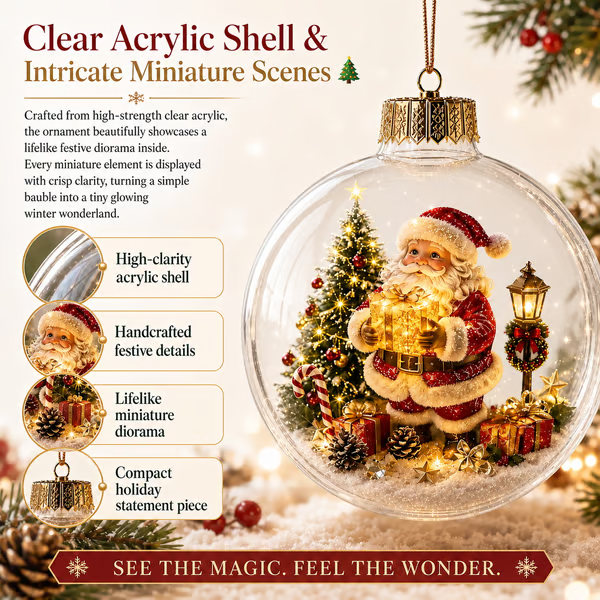 Clear acrylic Christmas ornament showing intricate miniature Santa winter scene