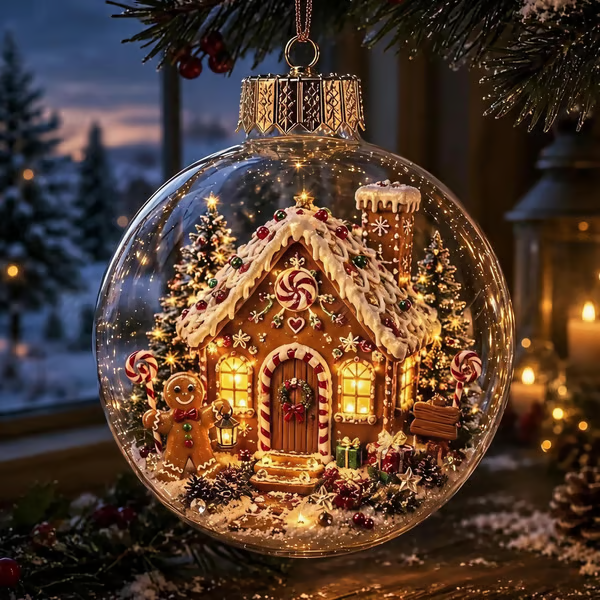 Glowing gingerbread house Christmas diorama ornament