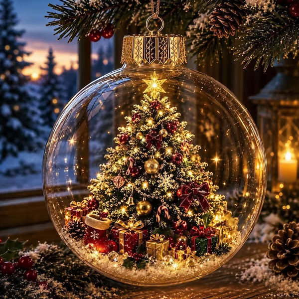 Glowing miniature Christmas tree diorama ornament