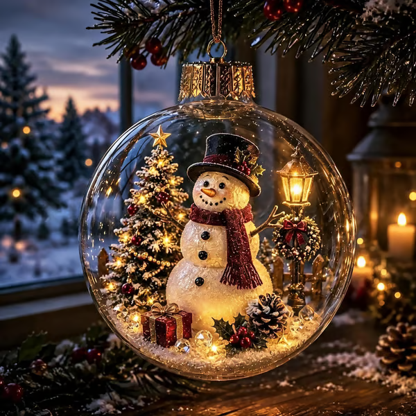 Glowing Snowman Christmas diorama ornament