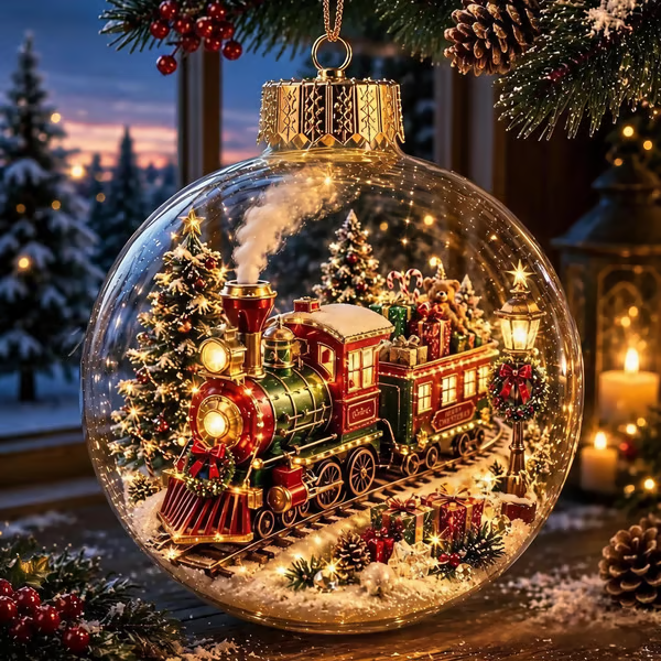 Glowing Christmas Express train diorama ornament