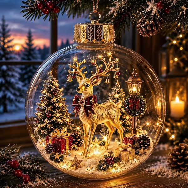 Glowing golden reindeer Christmas diorama ornament