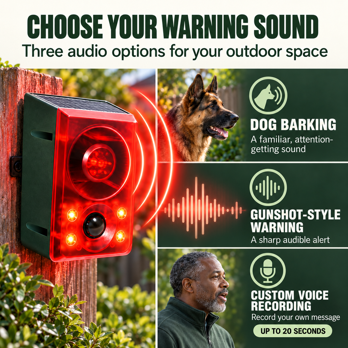 🚨Solar Outdoor Motion Sensor Alarm - Dog Barking & Gunshot Sound, Support Recording and Volume Adjustment, 130dB Noise with Flashing Light to Deter Raccoon, Deer, Skunk, Bear, Coyote