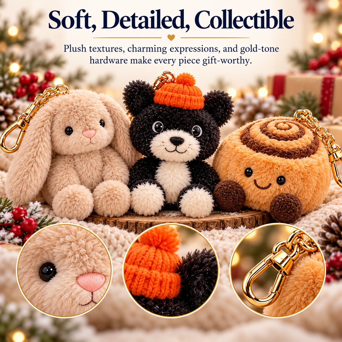 Close-up plush textures and gold-tone clip hardware