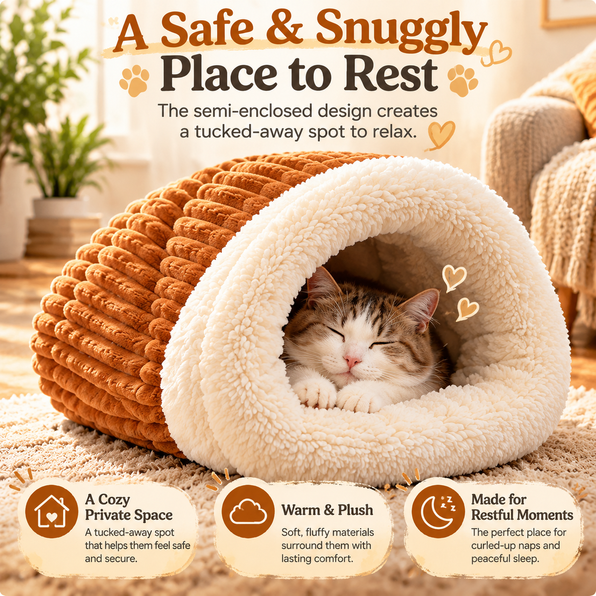 Cat resting inside the cream-lined opening of the caramel cave-style pet bed