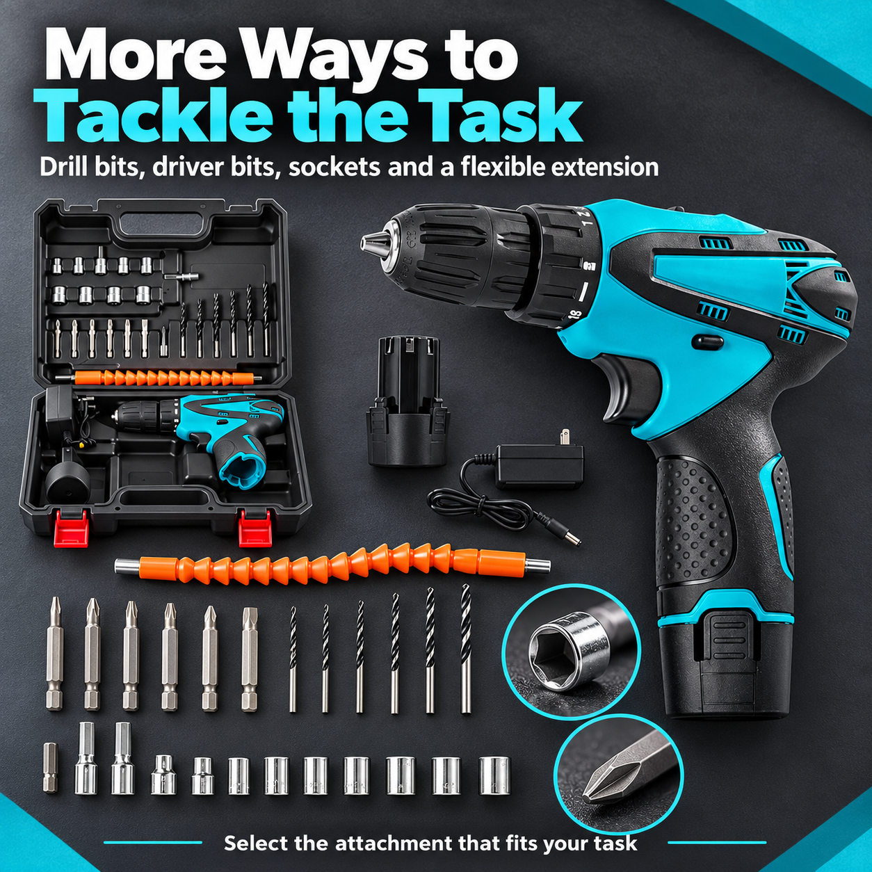 Cordless drill kit with assorted drill bits, driver bits, sockets and extension accessories