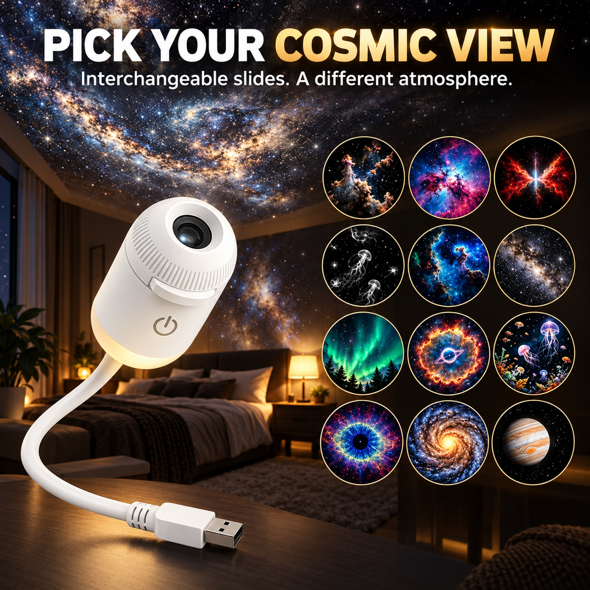 🌌 GalaxyGlow™ USB Star Projector – Changeable Slides & Flexible Neck