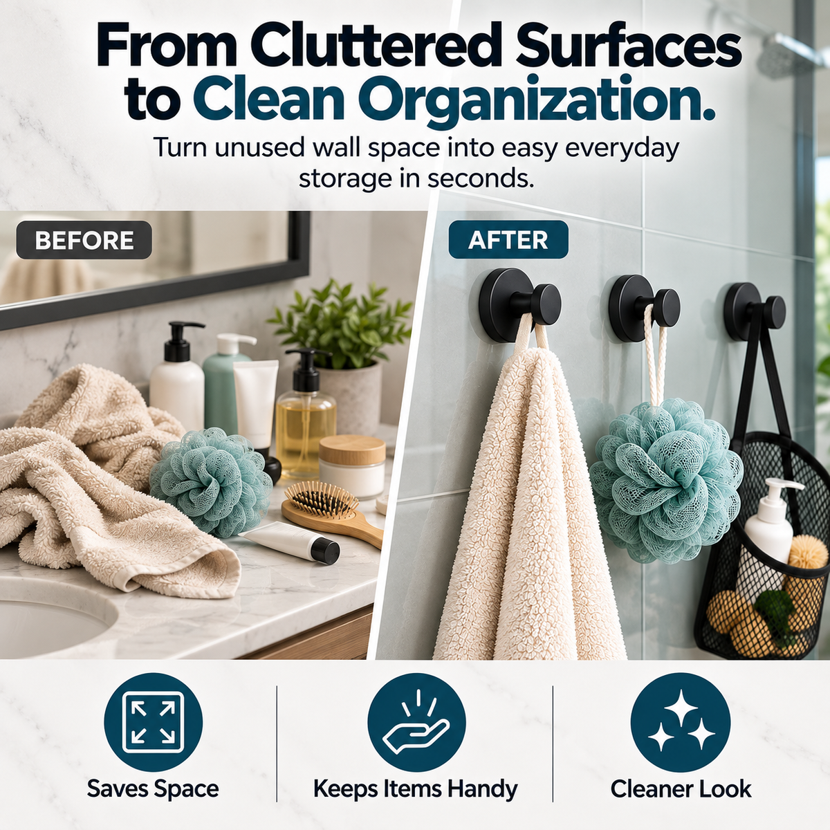 Before and after bathroom organization showing clutter moved from the counter onto StickPro wall hooks