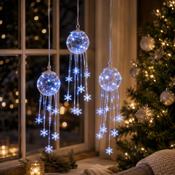 Three glowing blue snowflake ornaments hanging near a Christmas tree and window