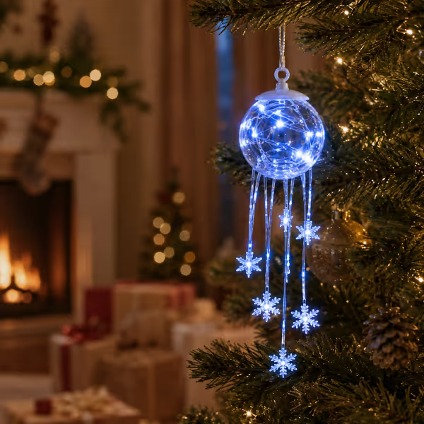Glowing snowflake ornament hanging from a decorated Christmas tree
