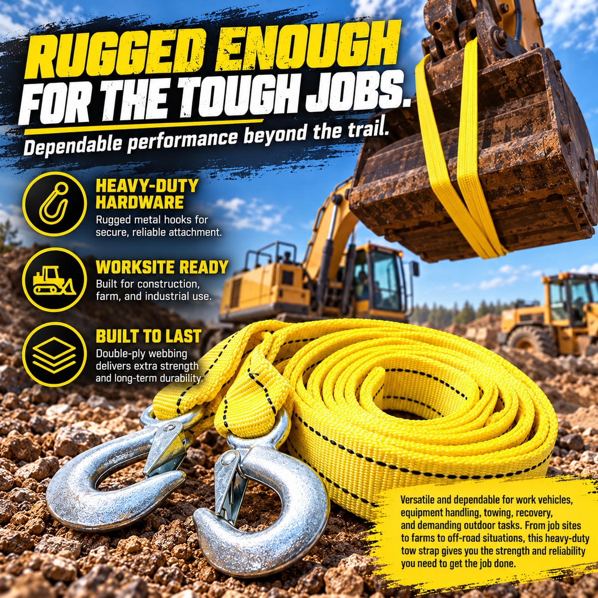 🛻 TowGuard™ Heavy-Duty Recovery Strap – Reinforced Tow Strap with Hooks for Trucks, SUVs & Off-Road Vehicles