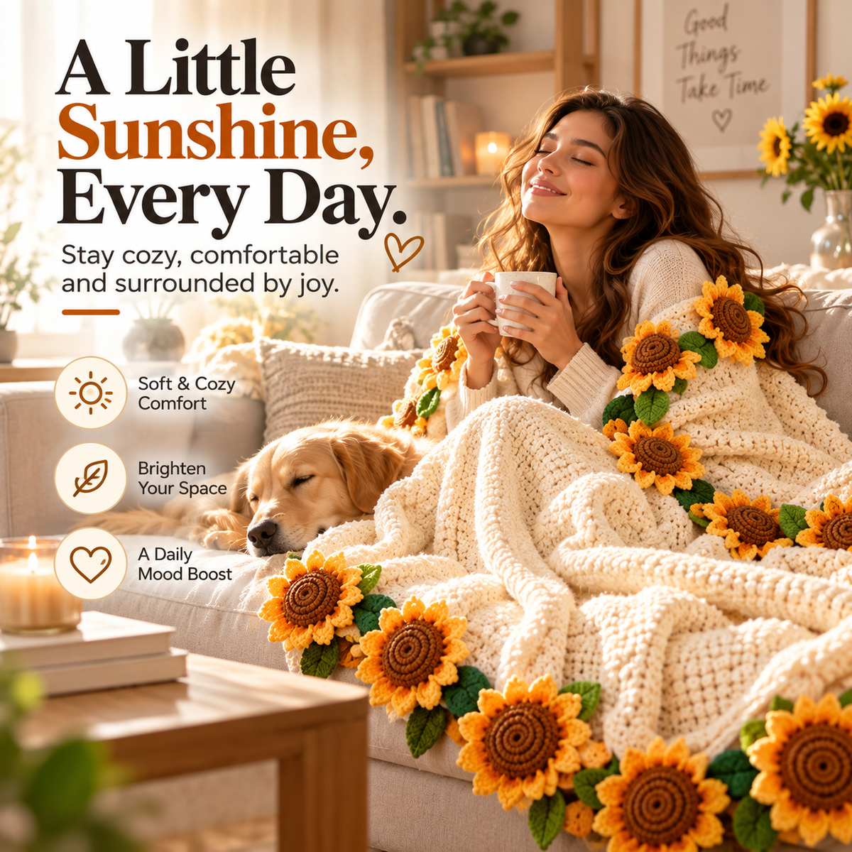 Handmade Sunflower Bouquet Blanket – Crochet Flower Blanket, Unique Gift for Her