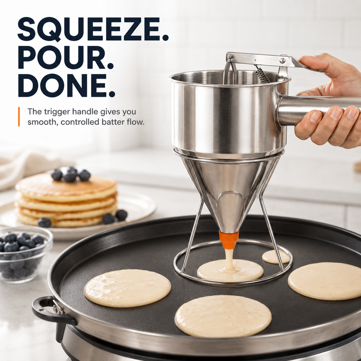 20OZ/40OZ Stainless Steel Pancake Batter Dispenser - Kitchen Metal Utensils with Silicone Leak-Proof Nozzle, Squeeze Handle, Stand & Precise Control for Pancakes, Waffles, Cupcakes