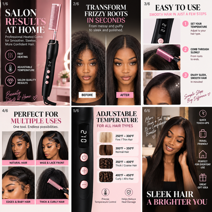 Professional Heated Styling Comb – Adjustable Heat for Roots, Wigs & Edges