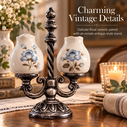 FloraVintage™ – Elegant Ceramic Salt & Pepper Shaker Set with Ornate Stand