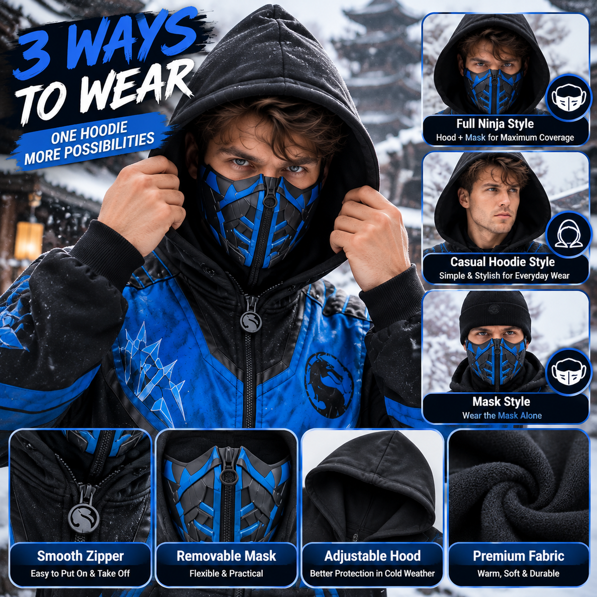 ⚡ Blue Shadow™ Ninja Mask Hoodie – Bold Style, Everyday Comfort