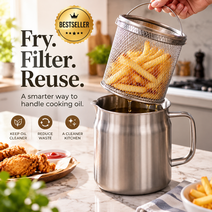✨ Stainless Steel Cooking Oil Filter Pot Set | Removable Mesh Basket + Drip Tray | Lift, Drain & Reuse Frying Oil 🍟🔥