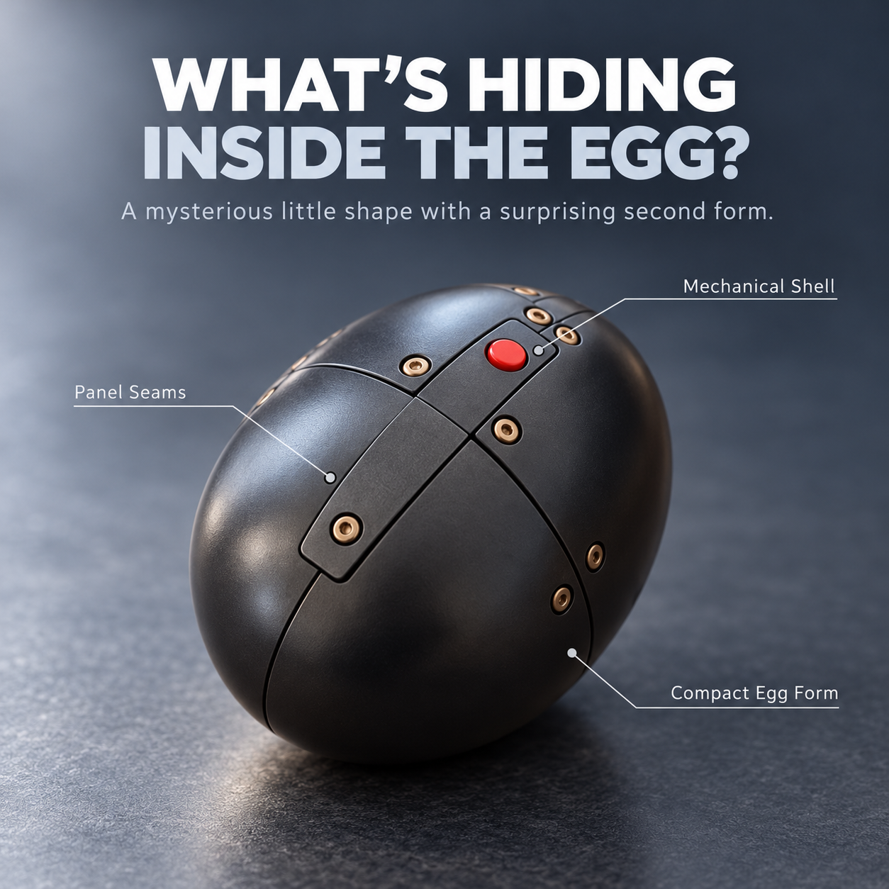 Close-up of the black mechanical egg with panel seams and small decorative accents
